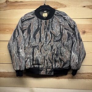 Vintage Viking Bomber Jacket Mens Medium Brown Tiger Stripe Camo Quilted Hunting